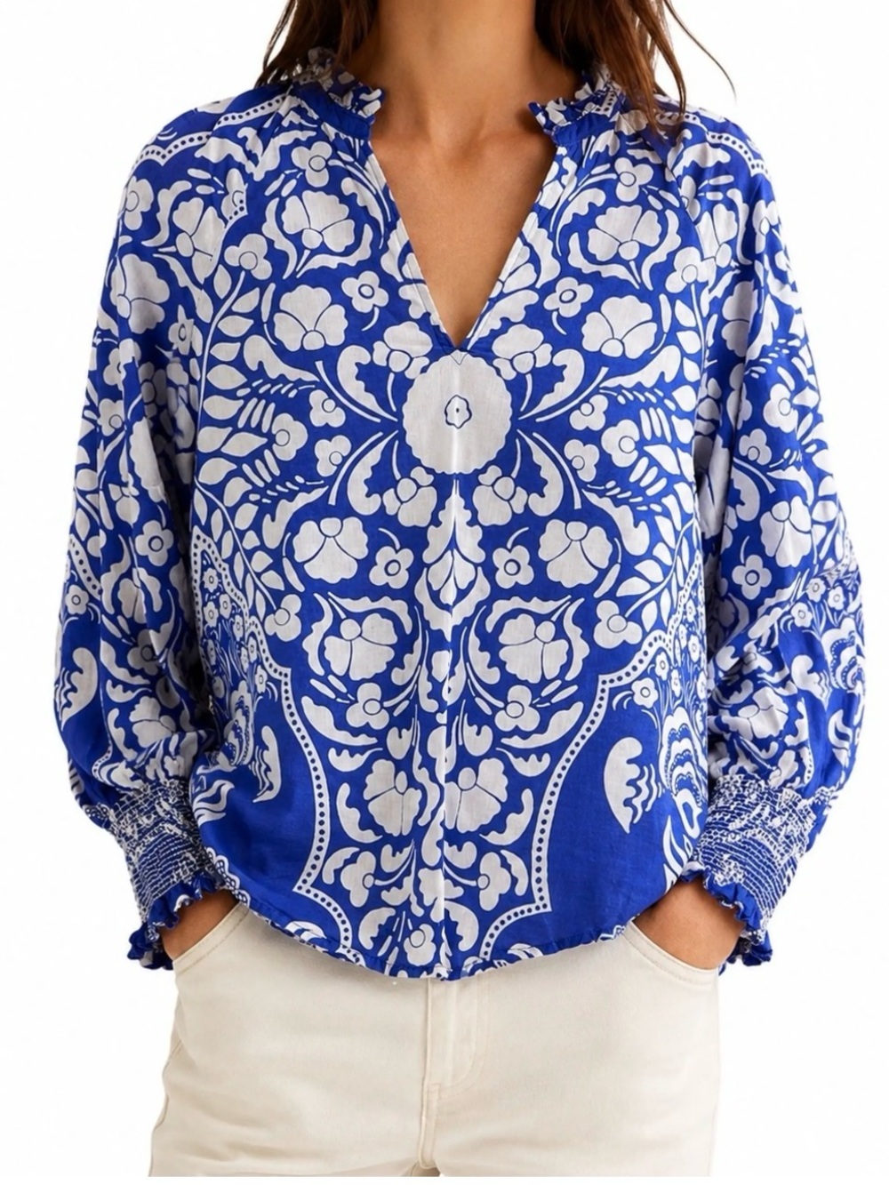 Boden Pleat Neck Blouse Blue White Floral Boho Medallion Top US 16/18
